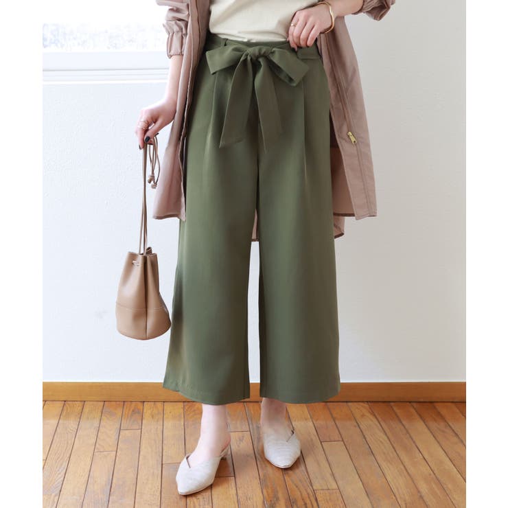 ダークカーキ | ウエストリボン クロップド丈 ワイド | andme