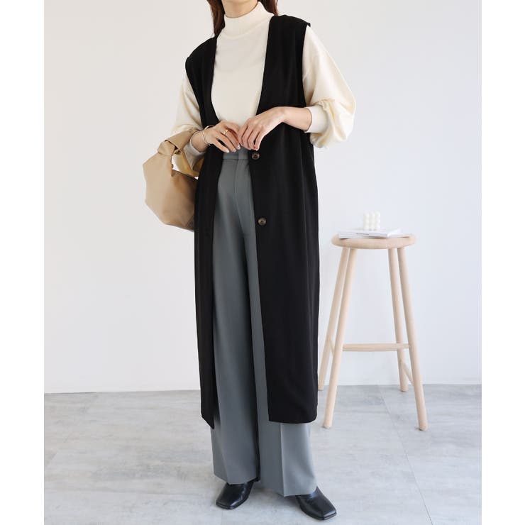 ブラック | とろみ素材 ロング ジレ | andme