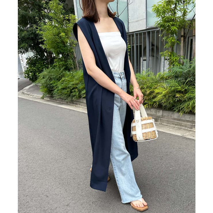 ネイビー | とろみ素材 ロング ジレ | andme