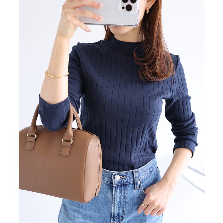 ネイビー | ワイドリブ モックネック 長袖Tシャツ | andme