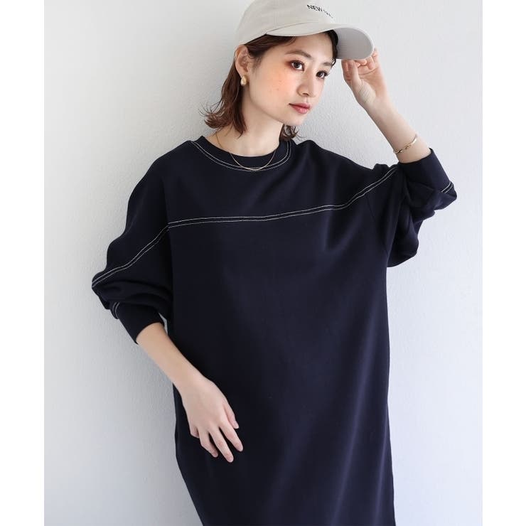 ネイビー | 裏起毛 配色ステッチ 長袖 | andme