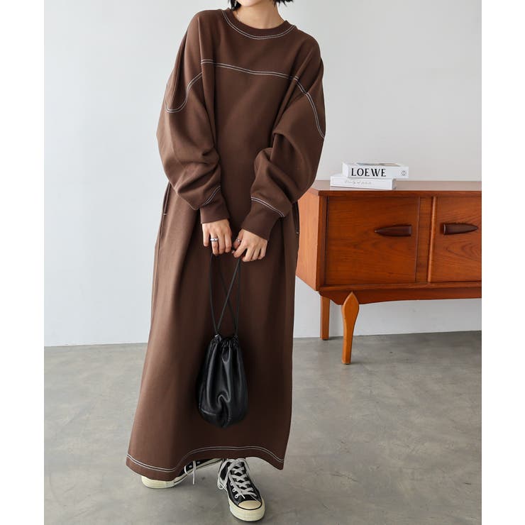 ブラウン | 裏起毛 配色ステッチ 長袖 | andme