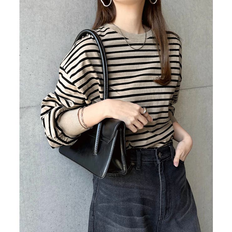 グレージュ×ブラック | 無地 ボーダー ボリューム袖 | andme