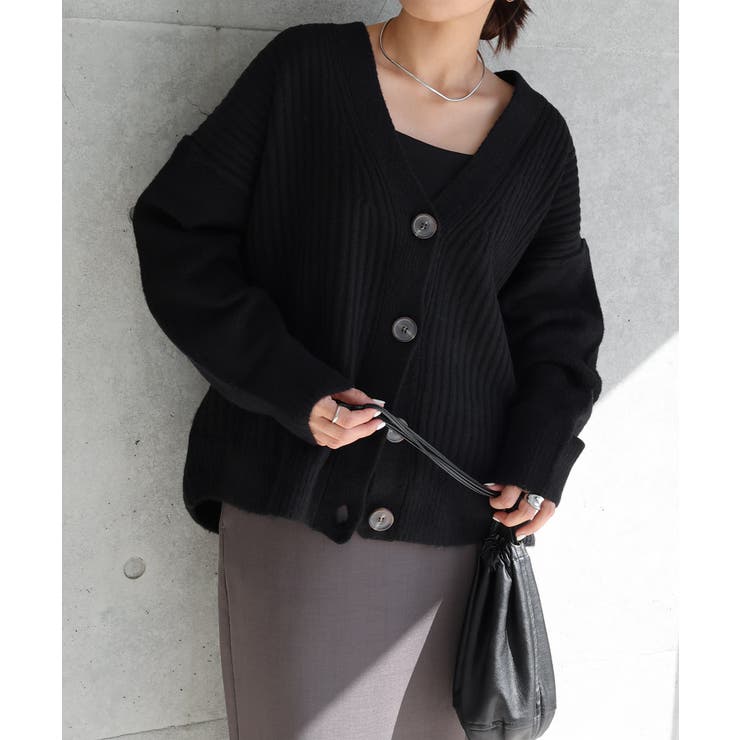 リブ編み ボックスシルエット ニットカーディガン[品番：AZ000004445