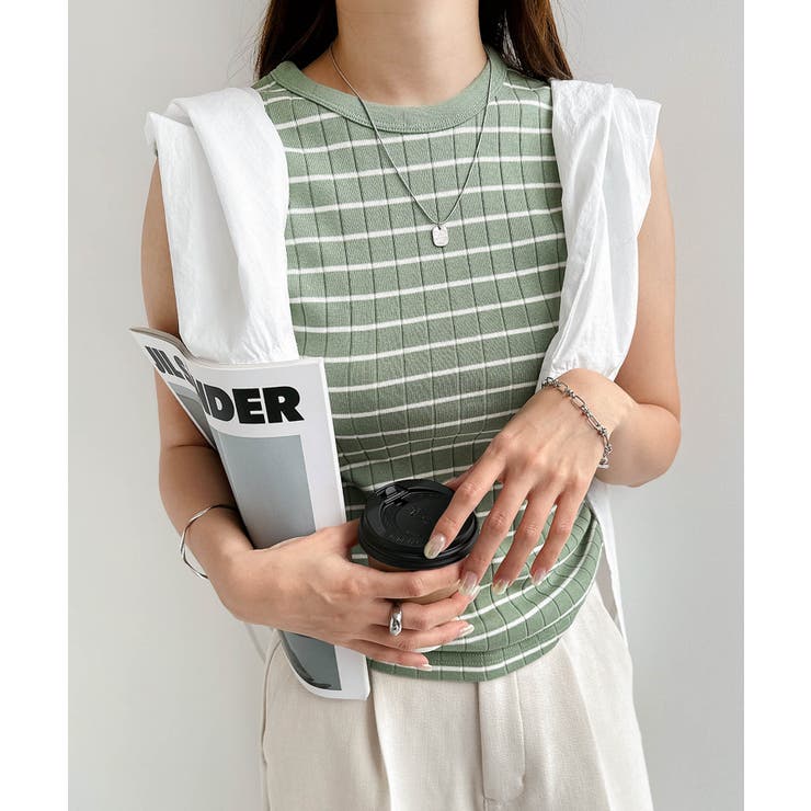 ライトグリーン×オフホワイト | コットンフライス ボーダー ノースリーブ | andme