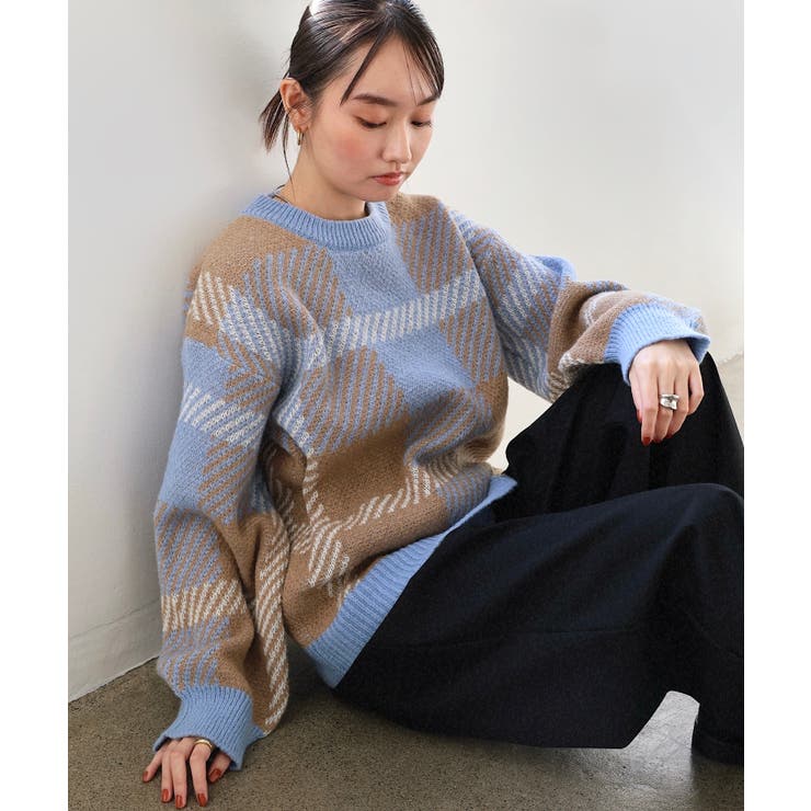 モヘアライク チェックジャガード ニットトップス[品番：AZ000004500