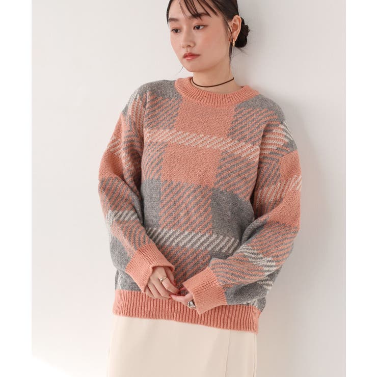 モヘアライク チェックジャガード ニットトップス[品番：AZ000004500