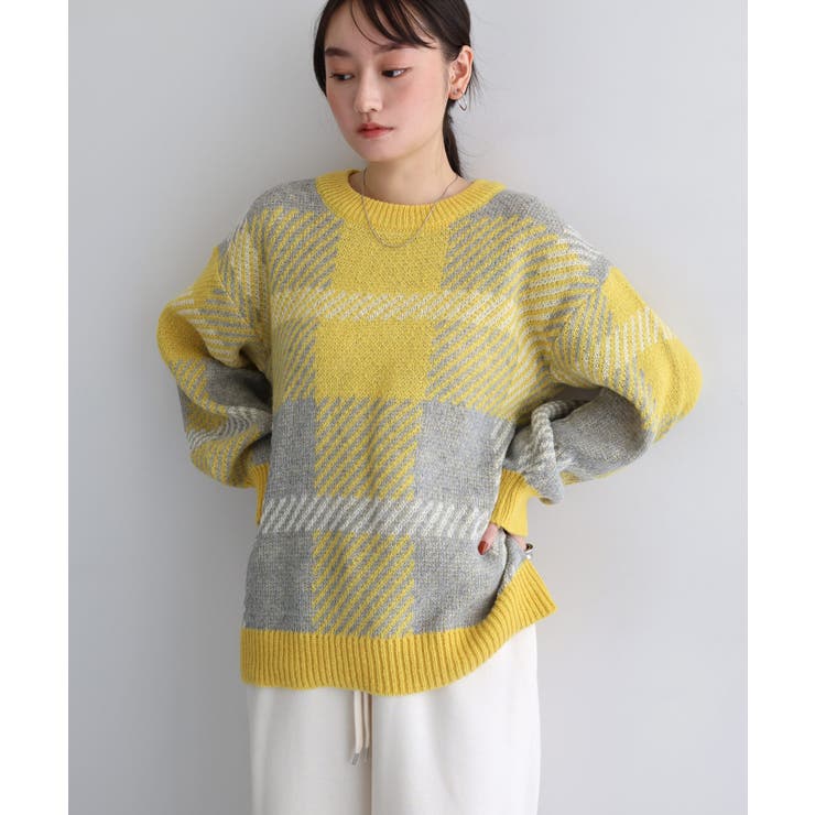 モヘアライク チェックジャガード ニットトップス[品番：AZ000004500