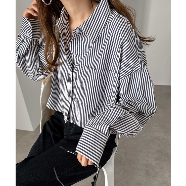 ネイビー×オフホワイト | ショート丈 リボン シャツ | andme