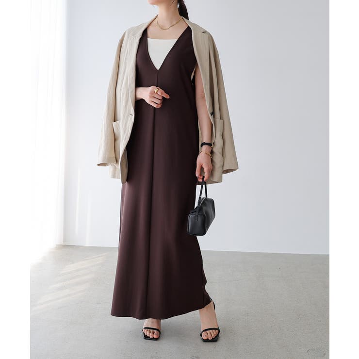 チャコールブラウン | Vネック ポンチ ワンピース | andme