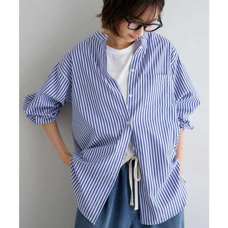 カラーストライプ バンドカラー シャツ[品番：AZ000004119]｜andme