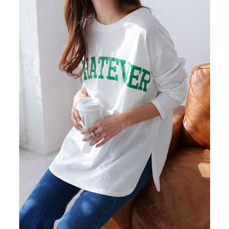 【12月スーパーSALE 15％OFF】 コットン天竺 カレッジロゴプリント 長袖Tシャツ[品番 トップス