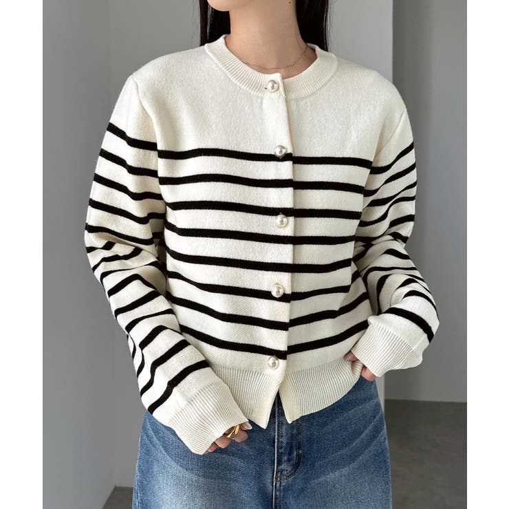 BLENDED COTTON 襟付きボーダーカーディガン