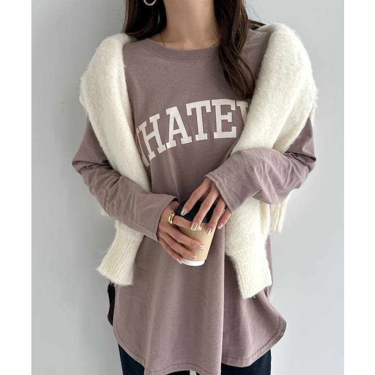 モカ | コットン天竺 カレッジロゴプリント 長袖Tシャツ | andme