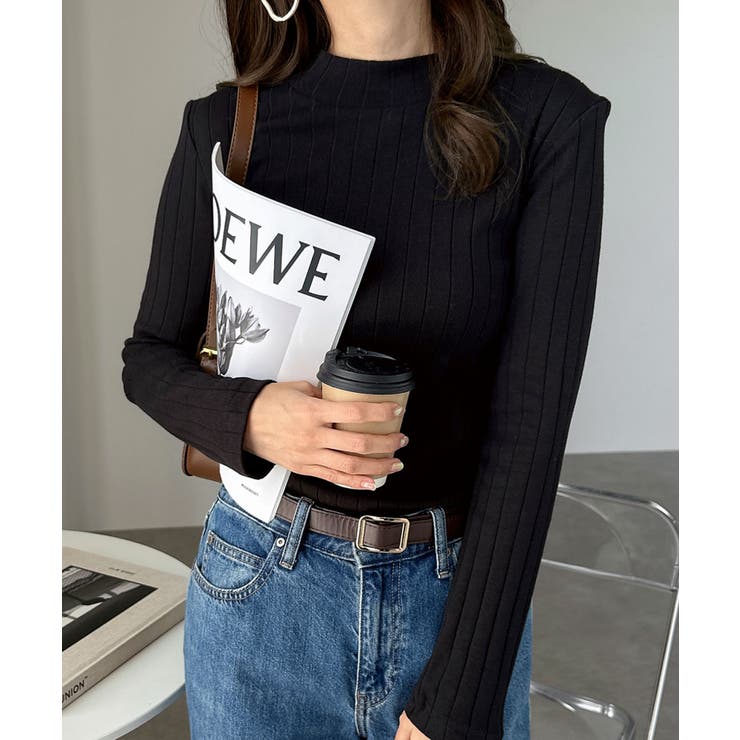 ブラック | ワイドリブ モックネック 長袖Tシャツ | andme