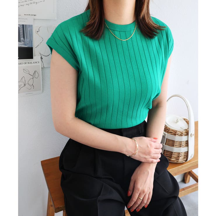 グリーン | コットンフライス ワイドリブ フレンチスリーブ | andme