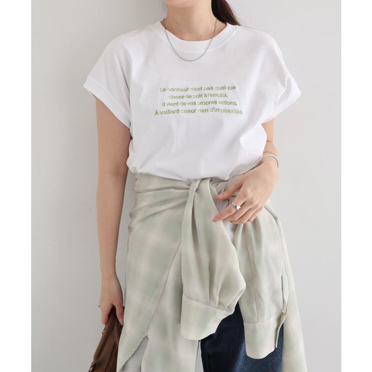 オフホワイト×ライム | ロゴ刺繍 フレンチスリーブ Tシャツ | andme