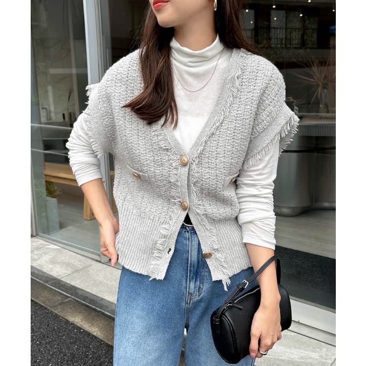 グレー | ツイード編み Vネック フリンジ | andme