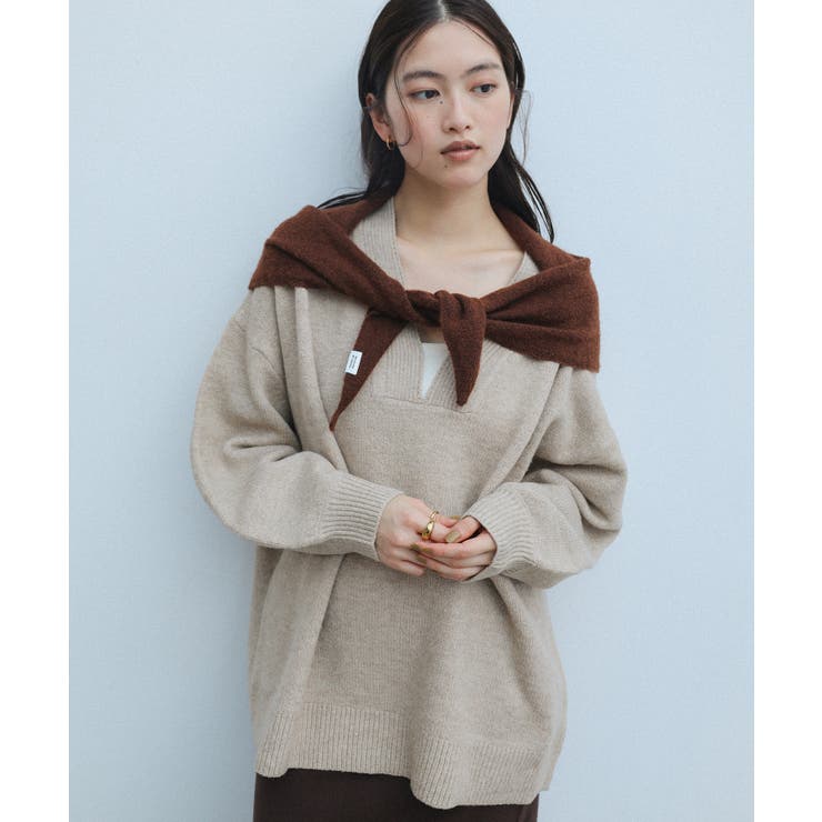 ベージュ | Vネック 長袖 ニット | andme