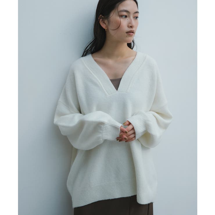 オフホワイト | Vネック 長袖 ニット | andme