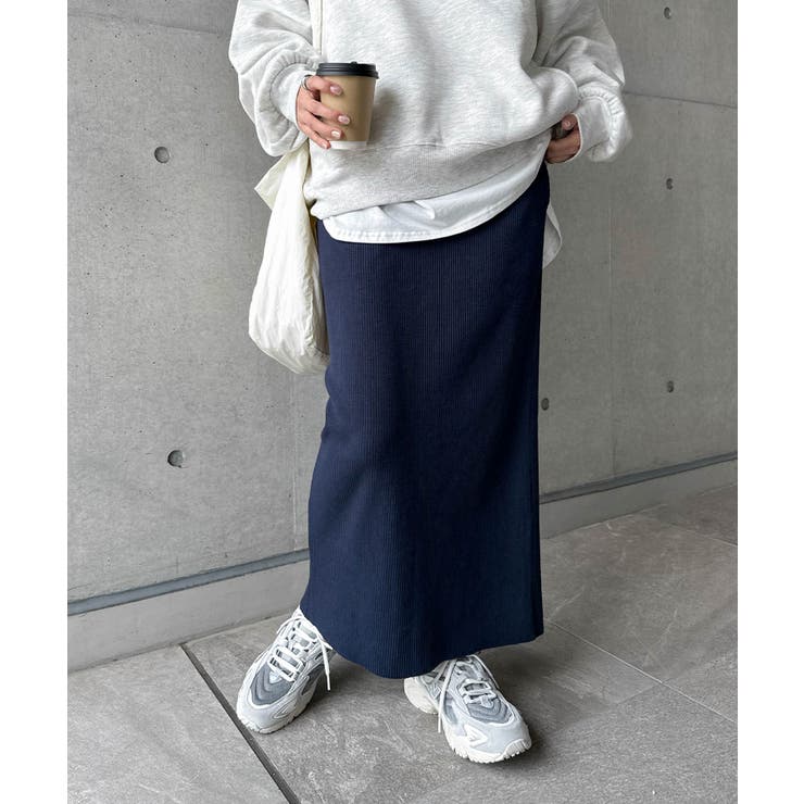ネイビー | セルフカットリブ タイト スカート | andme