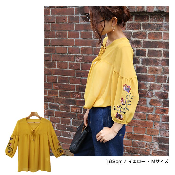 シフォン バルーン袖 ブラウス トップス 刺繍 長袖 Vネック | andme | 詳細画像14 