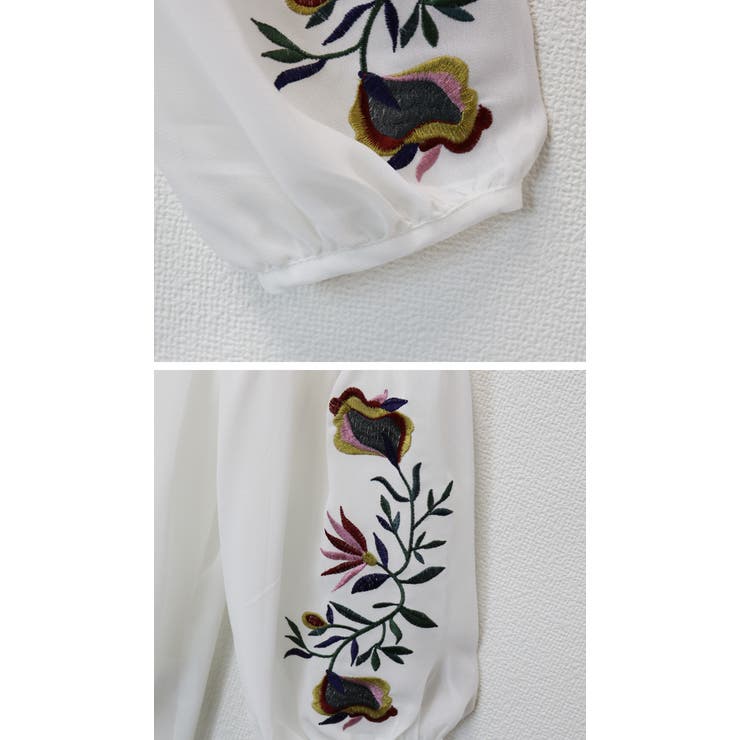 シフォン バルーン袖 ブラウス トップス 刺繍 長袖 Vネック | andme | 詳細画像16 