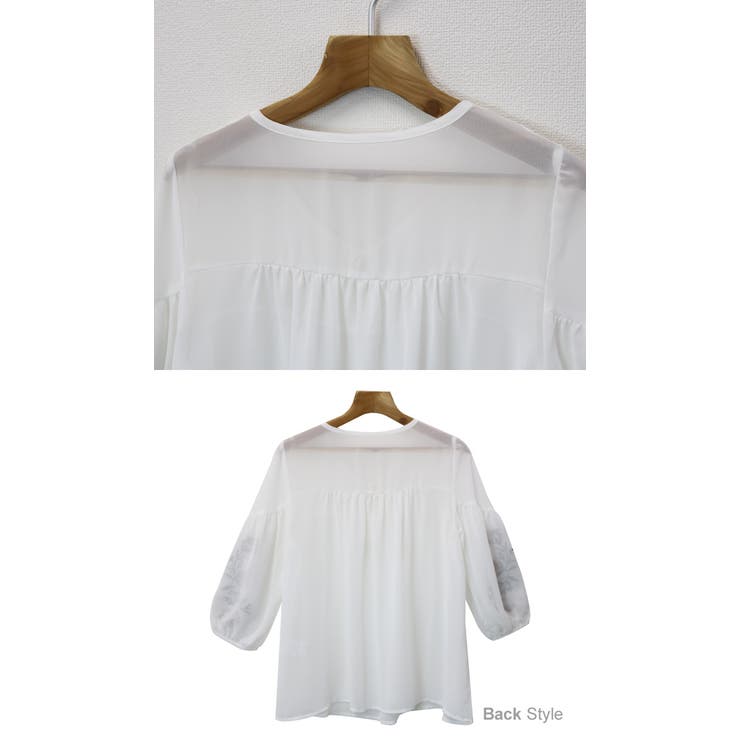 シフォン バルーン袖 ブラウス トップス 刺繍 長袖 Vネック | andme | 詳細画像18 