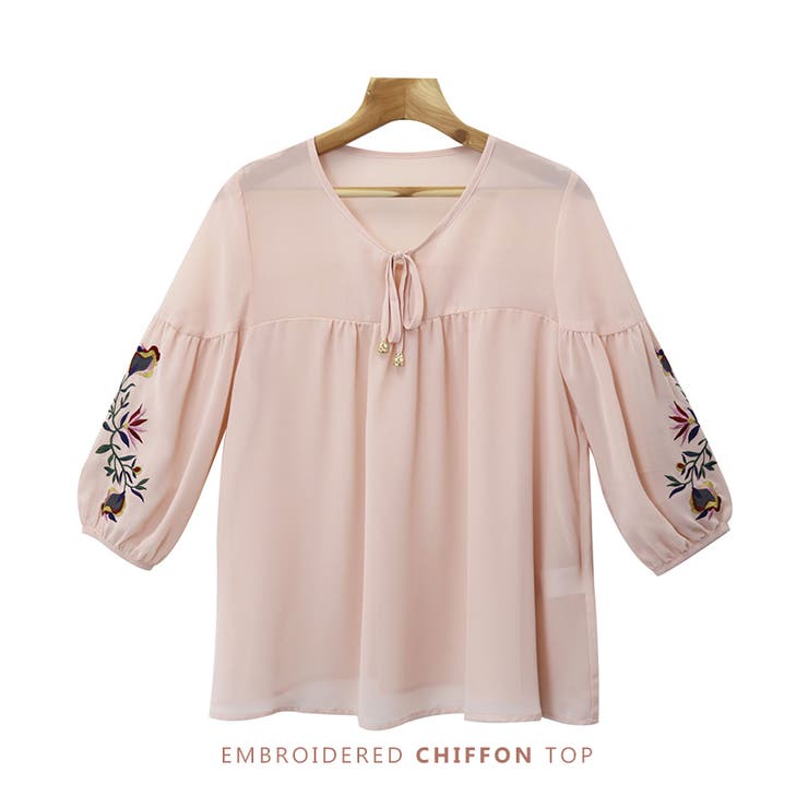 シフォン バルーン袖 ブラウス トップス 刺繍 長袖 Vネック | andme | 詳細画像3 