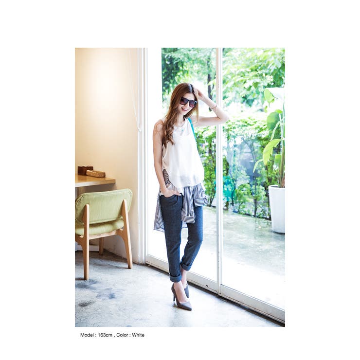 【あす楽対応】2014春夏新作♪ふわふわシフォン×ゆるてろカットソー!!一体型レイヤード風ノースリーブ/タンクトップス【メール便NG】