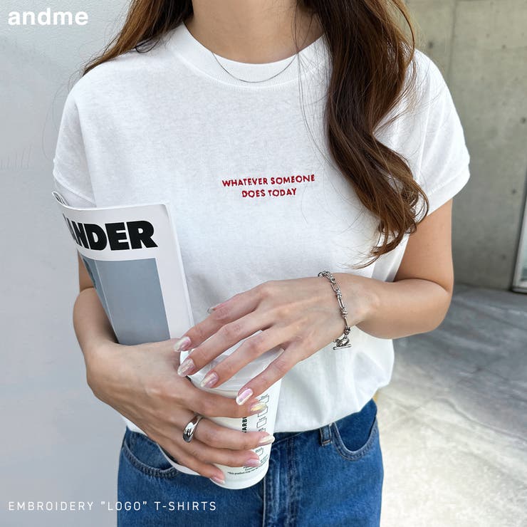 コットン天竺 ロゴ刺繍 Tシャツ[品番：AZ000004080]｜andme