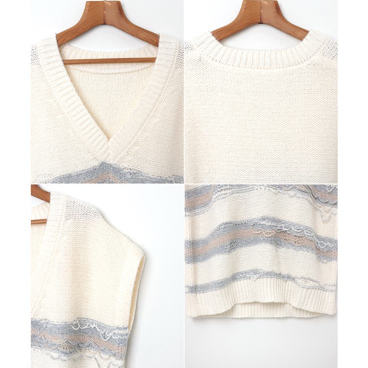 クラッシュ編み ボーダー ニット ベスト レディース Vネック 抜け感 春 秋 | andme | 詳細画像13 