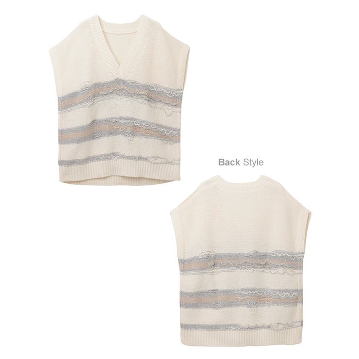 クラッシュ編み ボーダー ニット ベスト レディース Vネック 抜け感 春 秋 | andme | 詳細画像15 