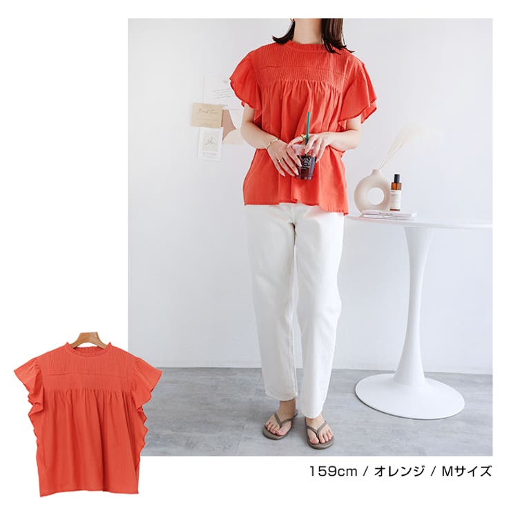 【美品】ババグーリ インド綿チュニックブラウス くすみオレンジ ピンタック メール便可 チュニック ブラウス 五分袖 レディース 前後 2WAY