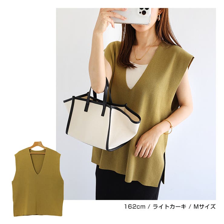 HENRYCOTTON　ライム色 Vネック ノースリーブベスト　新品 リネンライク 深Vネック ノースリーブ[品番：AZ000004354]｜andme