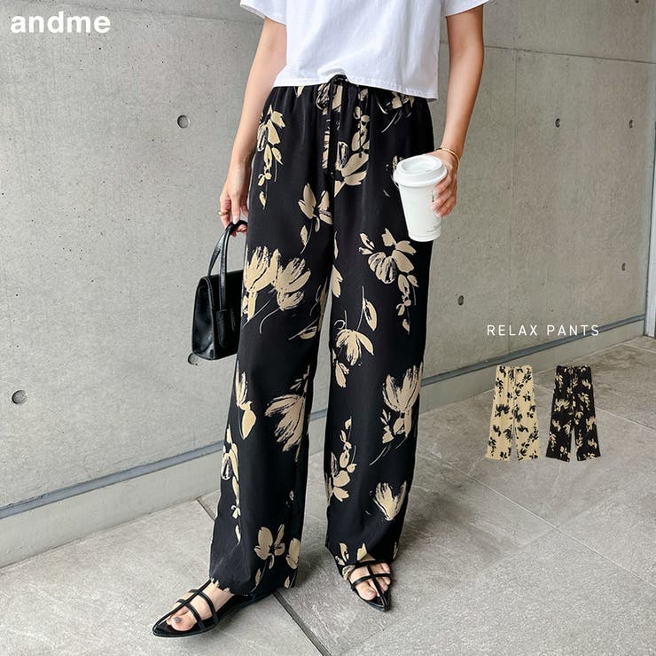 ourhome ゆったりフレアワイドパンツ 小花柄 ourhome ゆったりフレア