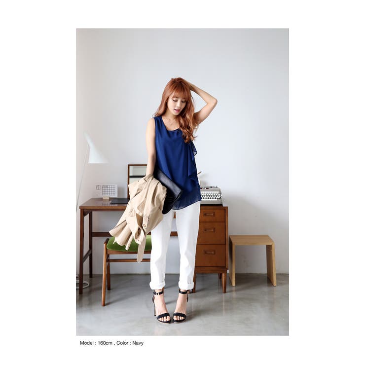 2015春夏新作♪透け感シフォン×美ドレープ!!ノースリーブ シフォントップス … | andme | 詳細画像4 