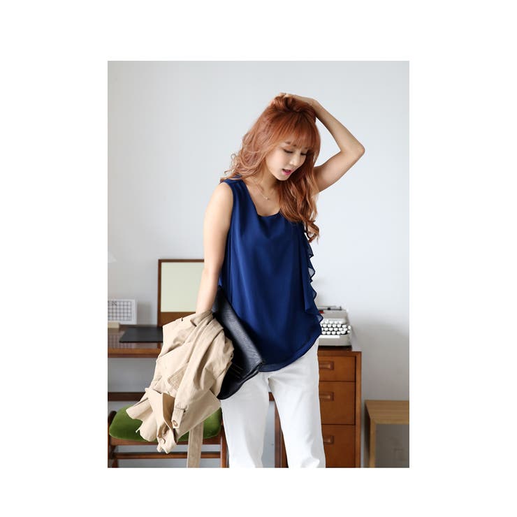 2015春夏新作♪透け感シフォン×美ドレープ!!ノースリーブ シフォントップス … | andme | 詳細画像8 