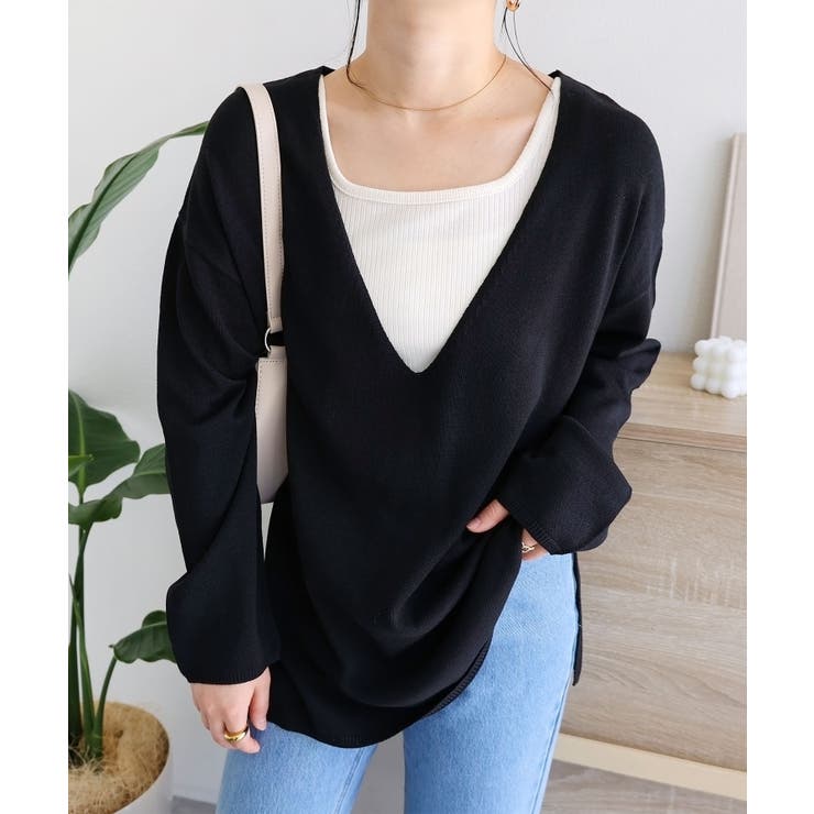 ブラック | リネンタッチ Vネック 長袖 | andme