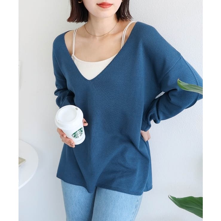 ターコイズブルー | リネンタッチ Vネック 長袖 | andme