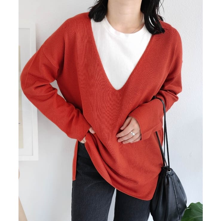 テラコッタ | リネンタッチ Vネック 長袖 | andme