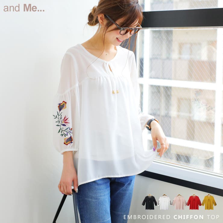 シフォン バルーン袖 ブラウス トップス 刺繍 長袖 Vネック | andme | 詳細画像1 