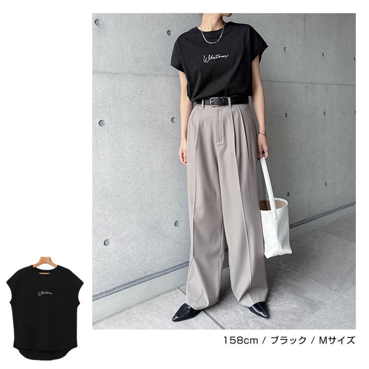 【メール便対応B】【送料無料】コットン天竺Whateverロゴ刺繍フレンチスリーブTシャツレディーススリットオーバーサイズラウンドヘム春夏秋