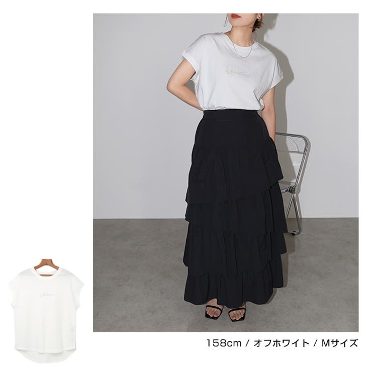 【メール便対応B】【送料無料】コットン天竺Whateverロゴ刺繍フレンチスリーブTシャツレディーススリットオーバーサイズラウンドヘム春夏秋