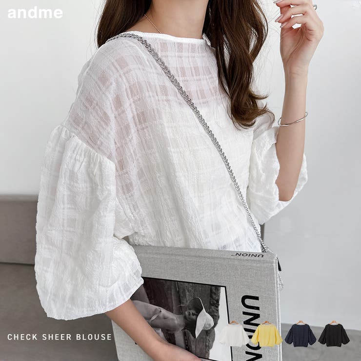 シアー チェック ボリュームスリーブ[品番：AZ000004321]｜andme