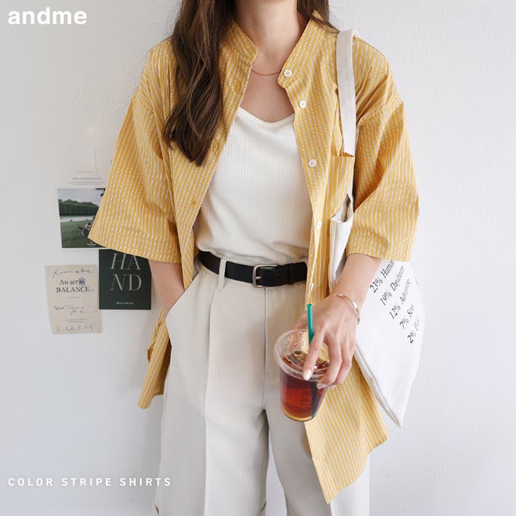 MHL. ストライプ バンドカラー半袖シャツ M MARGARET HOWELL 半袖