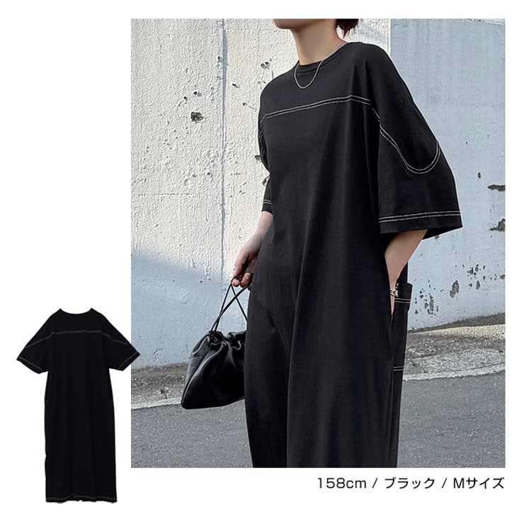 クロシェ　黒 カットソーワンピース 半袖 ｍal andme ワンピース 配色ステッチオーバーサイズ半袖Tシャツ