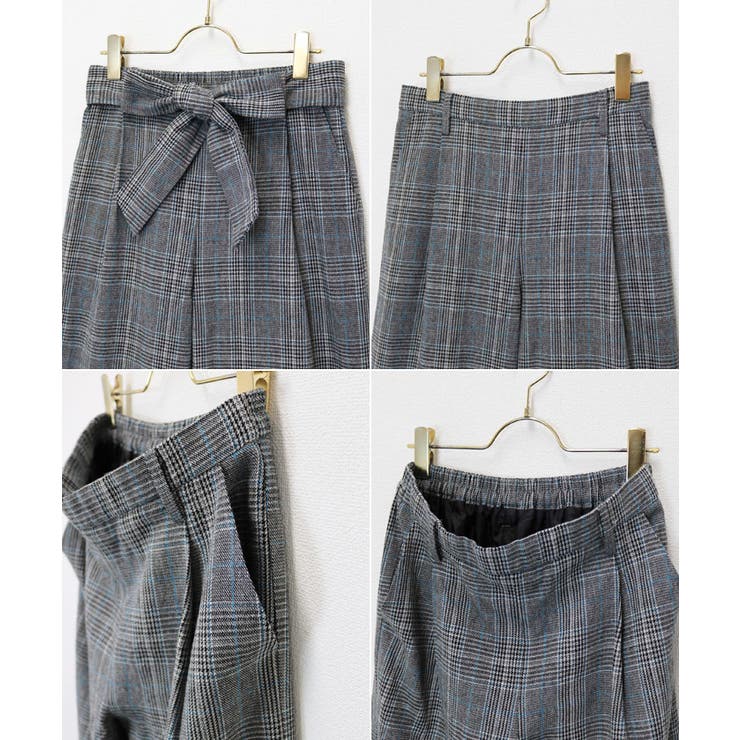 グレンチェック柄 リボン ワイドパンツ[品番：AZ000002774]｜andme
