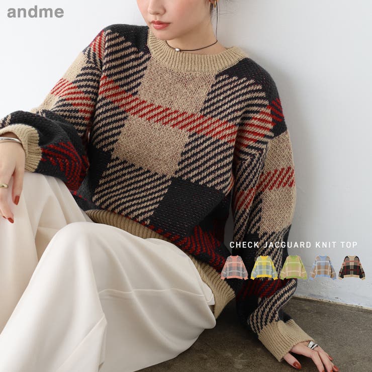 モヘアライク チェックジャガード ニットトップス[品番：AZ000004500
