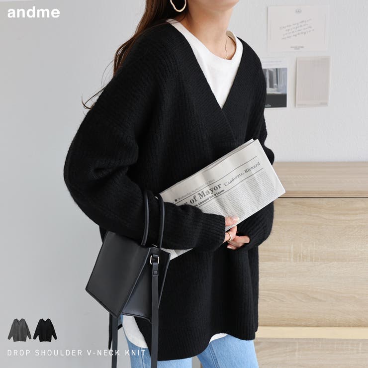 Vネック 片畦ニット トップス[品番：AZ000004159]｜andme（アンドミー
